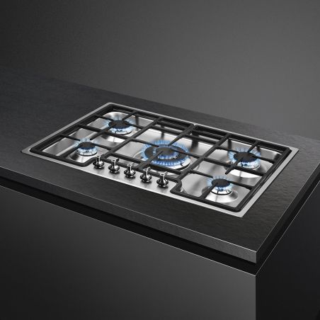SMEG Classica Table de cuisson gaz 75cm Inox, 5 foyers, grilles fonte PGF75-4