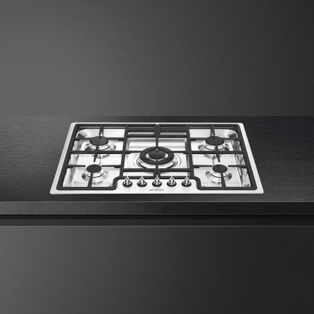 SMEG Classica Table de cuisson gaz 75cm Inox, 5 foyers, grilles fonte PGF75-4