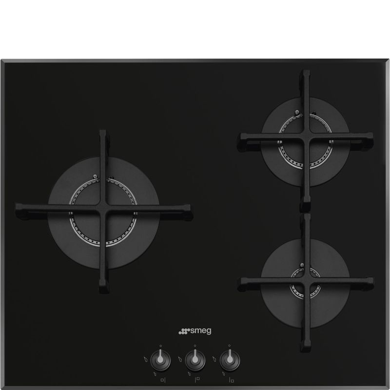 SMEG Linéa Table Gaz 60cm Noir, 3 brûleurs ultra-plats, fonte, PV163B3