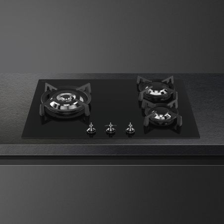 SMEG Classica PV373LCN table de cuisson gaz 70/75 cm 3 foyers verre noir grilles fonte