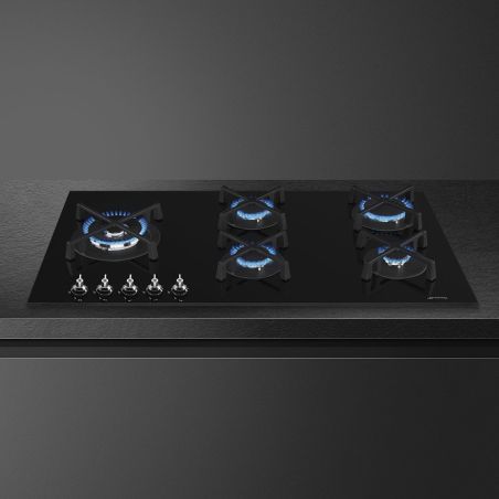 Smeg Classica Table de cuisson gaz 90 cm, 5 foyers, grilles fonte, Noir PV395LN