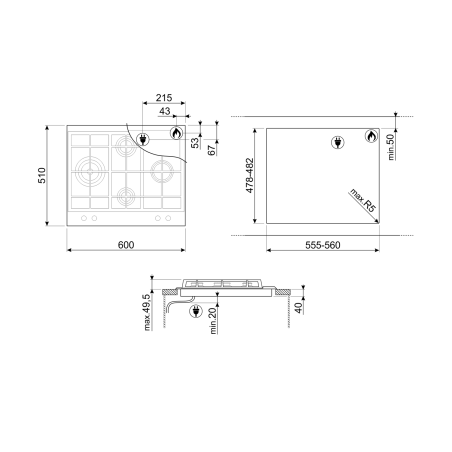 SMEG Elementi Table de cuisson gaz 60cm inox satiné, 4 foyers, sécurité, P261XGH