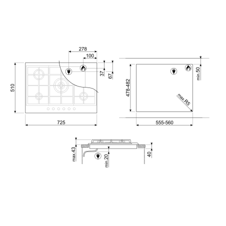 SMEG Elementi Table de cuisson gaz 70/75cm, 5 brûleurs fonte, ultra-rapide, P272XGH
