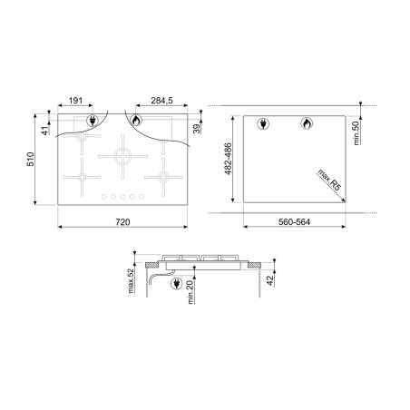 SMEG Elementi PV275B table gaz 70/75cm, 5 foyers, verre, semi-affleurant, brûleur ultra-rapide