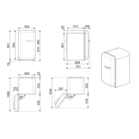 Smeg Années 50 Réfrigérateur 55 cm 35dB FAB10HL6
