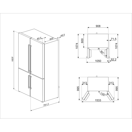 Réfrigérateur Smeg 4 portes universel 90cm blanc, double circuit, LED, Inverter FQ60BDE