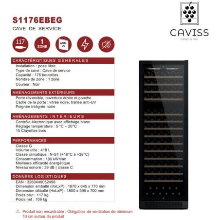 Cave à vin de service Caviss S1176EBEG 176 bouteilles 1 zone